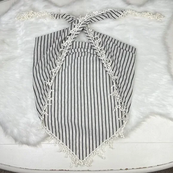 ⚓️ NWOT Oatmeal Black Striped Triangle Bandanna Scarf Lace Fringe Forever 21 OS - Picture 8 of 16